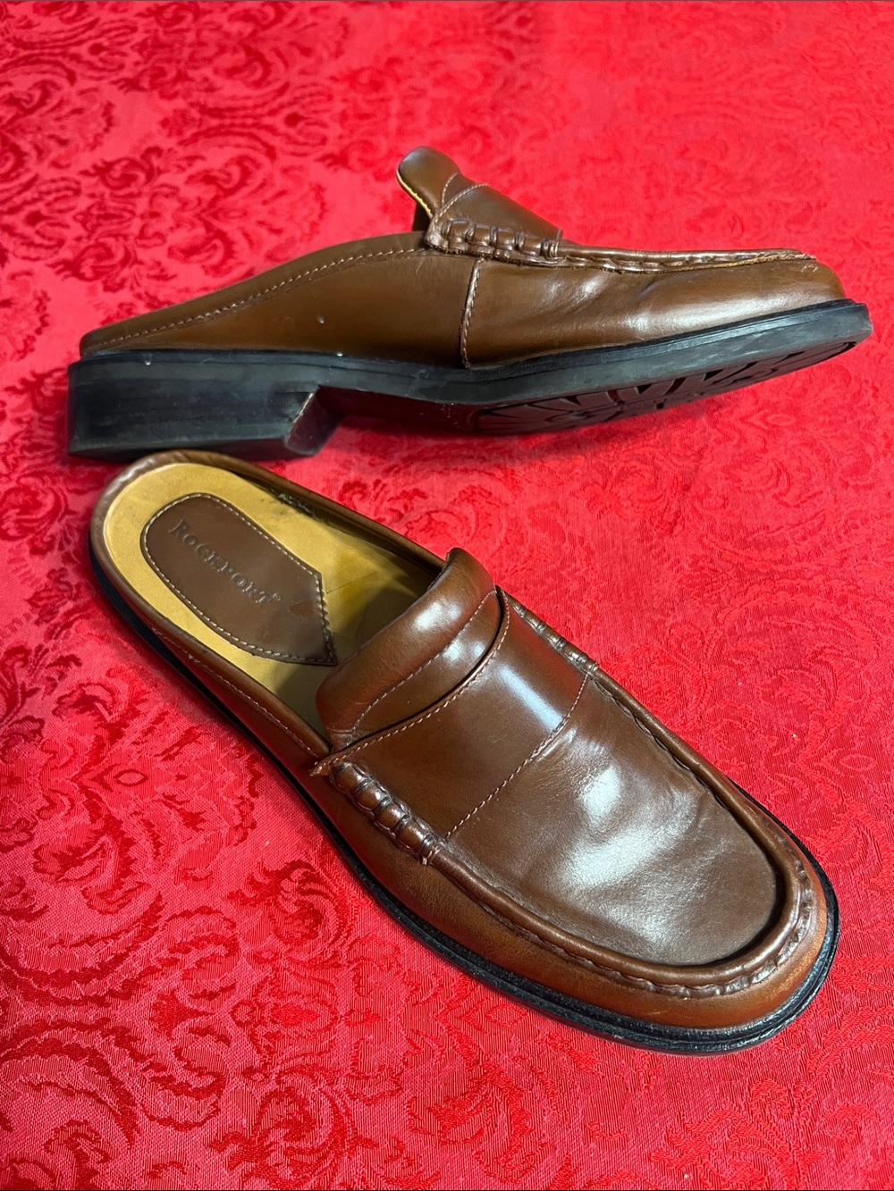 Rockport Womenโs 9 Brown Leather Penny Loafer Mules Backless Slip On